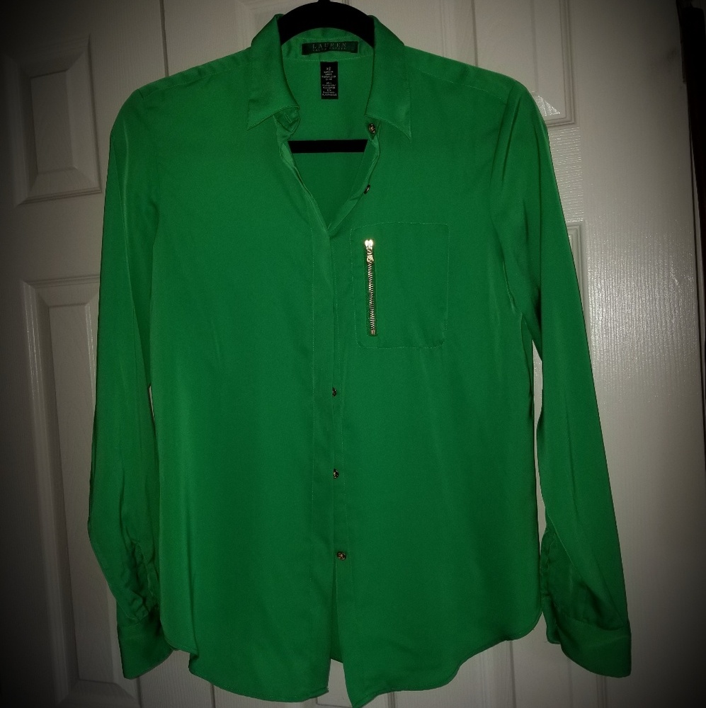 Lauren Ralph Lauren Green Zip-Pocket Blouse XS